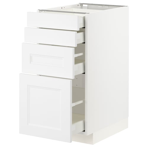 Ein weißer METOD-Küchenschrank mit mehreren Schubladen und Regalen. Das Gehäuse ist schlank und modern mit weißer Oberfläche.