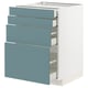 Moderner Küchenschrank mit vier blauen Schubladen, weißem Sockel, schlankem Design.