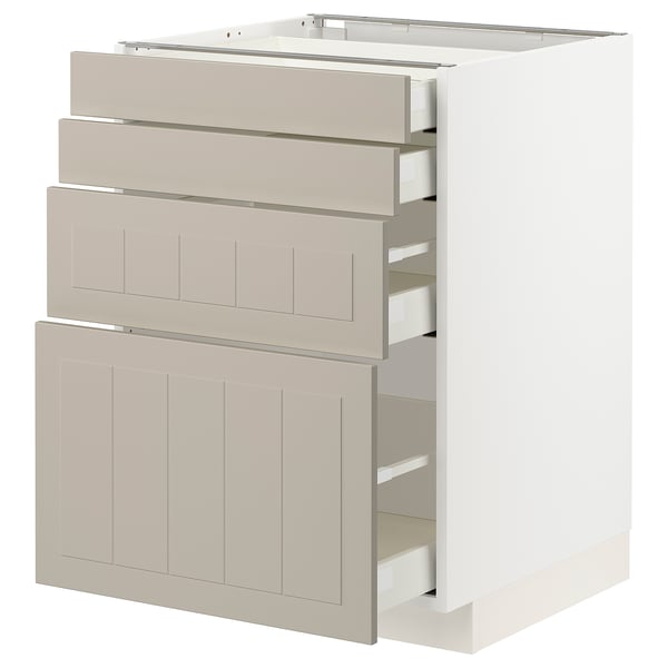 Ein ikea METOD Küchenschrank in Beige mit mehreren Schubladen und Regalen. Es ist ein modernes Design mit einer glatten Oberfläche und hat eine rechteckige Form.