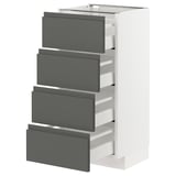 Weißer Küchenschrank mit vier grauen Schubladen, modernes, schlankes Design.