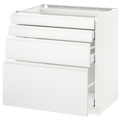 Dieses Bild zeigt einen modernen weißen Küchenschrank mit schlankem, minimalistischem Design und integrierten Griffen. Es gibt mehrere Schubladen.