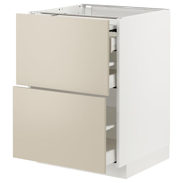 Moderner Küchenschrank mit beigen Schubladen, weißem Rahmen und schlankem Design.