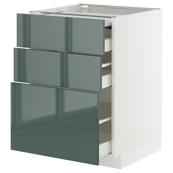 Ein moderner Küchenschrank namens METOD mit hochglänzenden graugrünen Schubladen. Es handelt sich um einen Schrank mit drei Schubladen und einem schlanken Design.