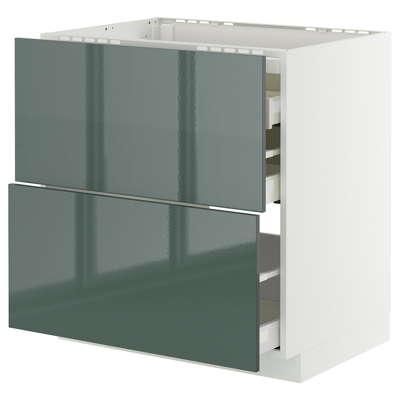 IKEA METOD / MAXIMERA Unterschr.f Kochf/2 Fronten/3 Sch. weiß/Kallarp Hochglanz dunkel graugrün 80x60 cm