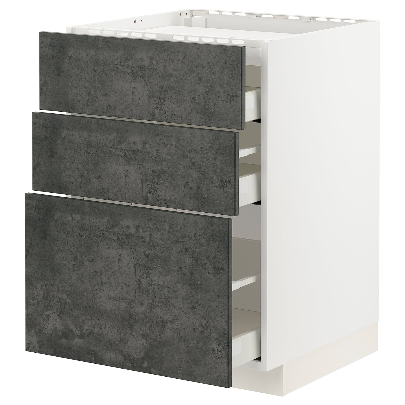 IKEA METOD / MAXIMERA Unterschr.f Kochf/3 Fronten/3Sch. weiß/Kalhyttan Betonmuster dunkelgrau 60x60 cm