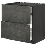 Moderner dunkelgrauer Schubladenschrank aus Beton mit zwei offenen Schubladen. Teil des IKEAS METOD Küchensystems.