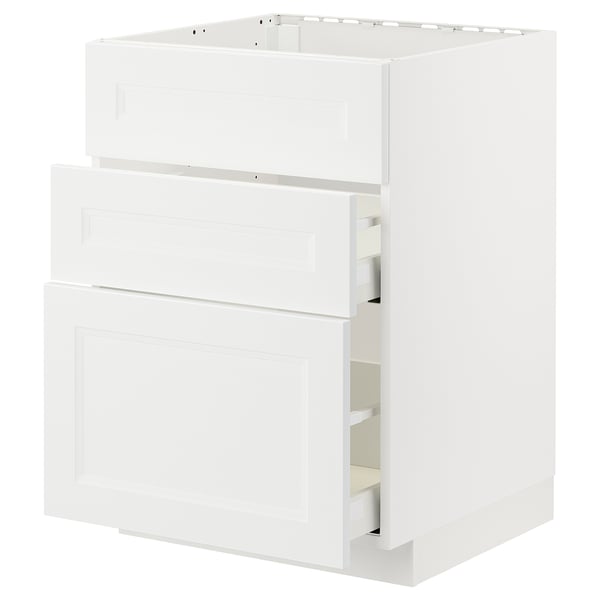 Ikea METOD weißer Schrank mit drei Schubladen und einer Tür.