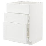 Ikea METOD weißer Schrank mit drei Schubladen und einer Tür.