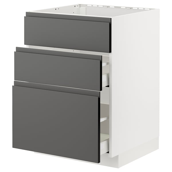 Moderne Küchenzeile: METOD mit 3 dunkelgrauen Voxtorp-Schubladen, weißer Sockel, schlankes Design.