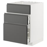 Moderne Küchenzeile: METOD mit 3 dunkelgrauen Voxtorp-Schubladen, weißer Sockel, schlankes Design.