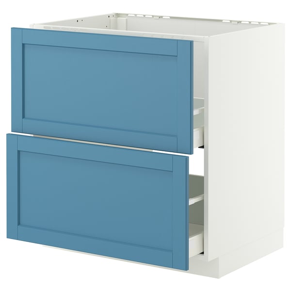 Blauer Schrank mit zwei Schubladen, weißer Sockel, modernes Design.