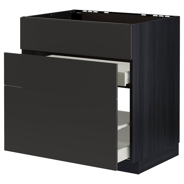 Ein schwarzer moderner Küchenschrank mit Schubladenschrank. Das Gehäuse ist schlank und zeitgemäß und verfügt über ein glattes schwarzes Finish und klare Linien.
