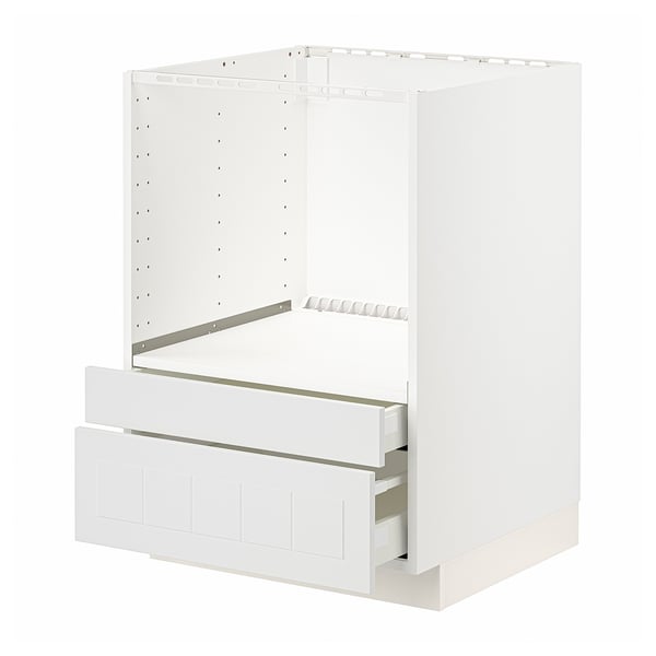 Ein weißer IKEA METOD Küchenschrank mit Schubladen und offenen Regalen.