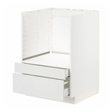 Ein weißer IKEA METOD Küchenschrank mit Schubladen und offenen Regalen.