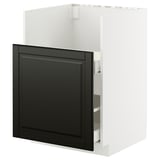 Schwarzer abgeschrägter Küchenschrank, weißer Rahmen, modernes Design.