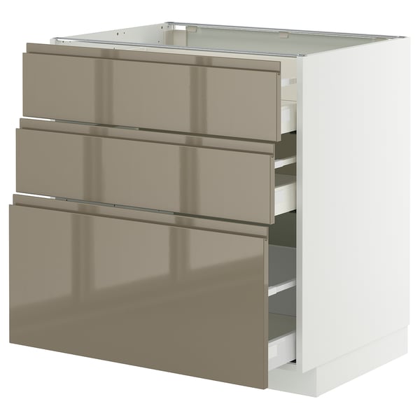 Moderne Küchenzeile METOD mit 3 dunkelgrau-braun glänzenden Schubladen.