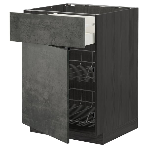 Offener dunkelgrauer Küchenschrank mit Drahtkörben; Modernes Design.