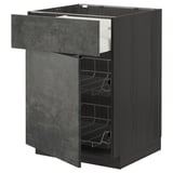 Offener dunkelgrauer Küchenschrank mit Drahtkörben; Modernes Design.