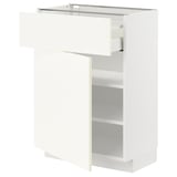 Ein weißer IKEA METOD Küchenschrank mit einer einzigen offenen Schublade und einem Regal im Inneren. Der Schrank ist schlank, moderne Designlinien und eine robuste Konstruktion.