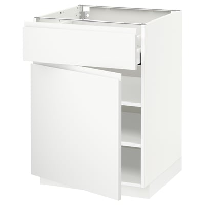 Ein weißer METOD-Küchenschrank mit einer einzigen Schublade und zwei Regalen. Er hat ein schlankes, minimalistisches Design mit integrierten Griffen.