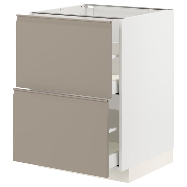 Ein IKEA METOD Küchenschrank mit zwei Schubladen, mattgrau-beige Fronten und modernem Design.