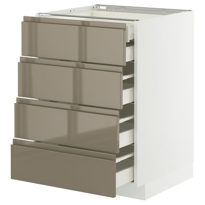 Ein schlanker, weißer Küchenschrank mit vier dunkelgrau-braunen Metallic-Schubladen. Es hat ein modernes, minimalistisches Design.
