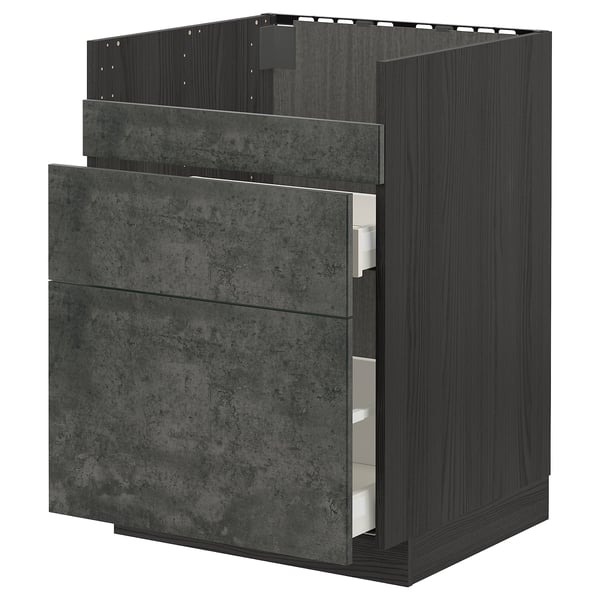 METOD Küchenzeile aus dunkelgrauem Beton. Holzrahmen, 3 Schubladen.