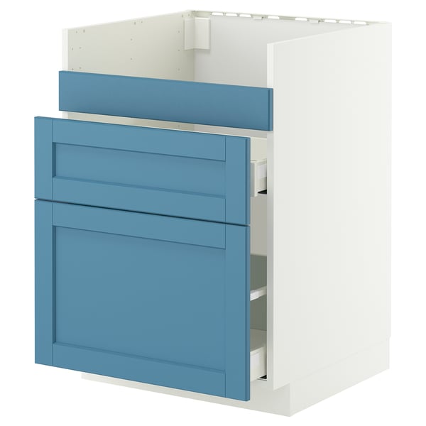 Blau-weißer Küchenschrank mit modernen Schubladen.