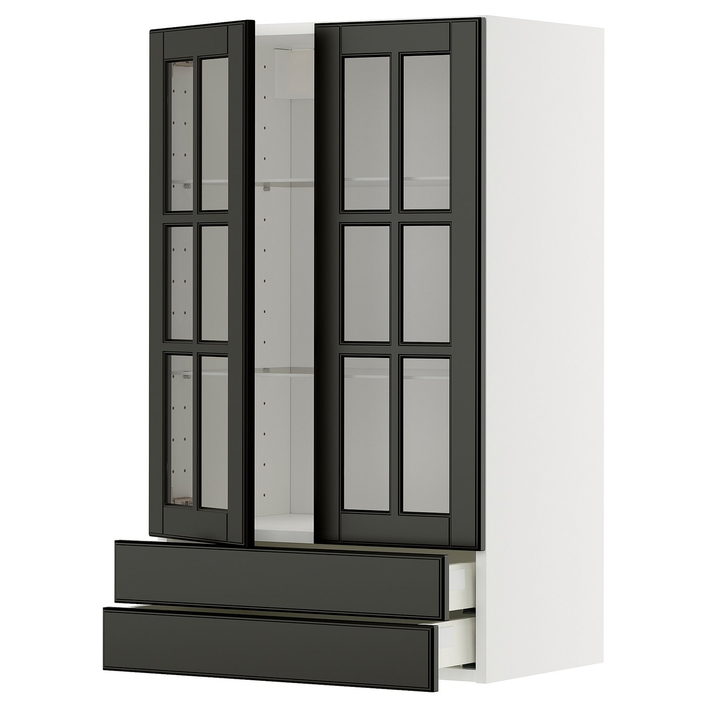 IKEA METOD / MAXIMERA Wandschrank m 2 Glastüren/2 Schubl. weiß/Bodbyn schwarz 60x100 cm