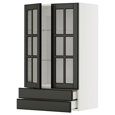 Moderner schwarzer Schrank mit Glastür, schlankes Design, weißer und dunkler Rahmen, verstellbare Regale.