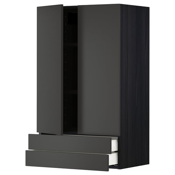 Moderner schwarzer Küchenschrank mit zwei Schubladen und verstellbarem Regal.