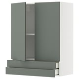 Ein moderner Küchenschrank in gedämpfter grünlich-grauer Farbe mit zwei Türen und zwei Schubladen in einem schlanken, minimalistischen Design.