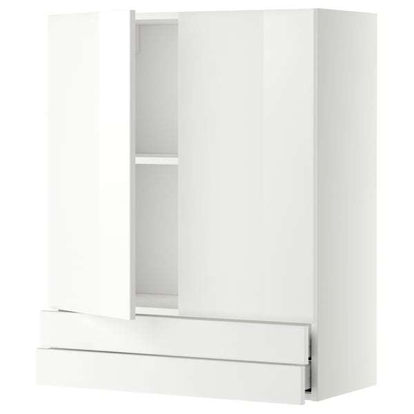 Zeigt einen weißen METOD-Küchenschrank mit Hochglanz-Finish. Es ist eine glatte Schublade und ein verstellbares Regal.