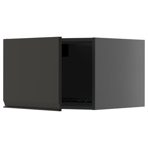 Schwarzer Küchenschrank, modernes Design, mattes Finish, quadratische Form, integrierter Griff.