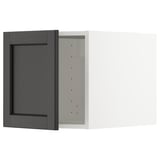Küchenschrank aus schwarzem Holz mit abgeschrägten Kanten, offen mit Innenregalen. Dunkle Farbe, rechteckige Form, klassisches Design.