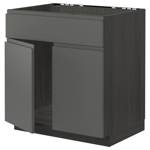 Ein dunkelgrauer, moderner Küchenschrank mit zwei Schubladen und einer einzigen Tür von IKEA.
