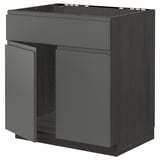 Ein dunkelgrauer, moderner Küchenschrank mit zwei Schubladen und einer einzigen Tür von IKEA.