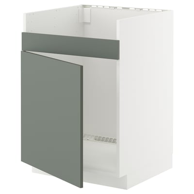 Zeigt einen weiß-grau-grünen METOD-Küchenschrank mit modernem Design und 25 Jahren Garantie.