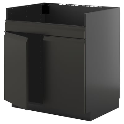 Moderner schwarzer Küchenschrank, schlankes Design, stabile Bauweise, Aluminiumgriffe.