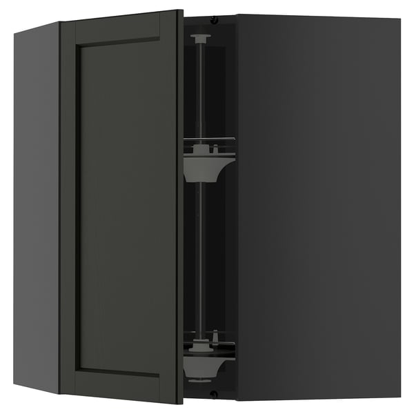 METOD Küchensystem: Schrank aus schwarz gebeizter Esche, schlankes Design, offene Türen, stabiler Rahmen.