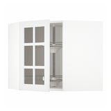 Offener weißer METOD-Küchenschrank mit Glastüren, die den Blick auf die Ablagefächer freigeben.