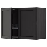 Schwarzer Küchenschrank, modernes Design mit einer offenen Tür, aus Holz, mit einer Abtropffläche.
