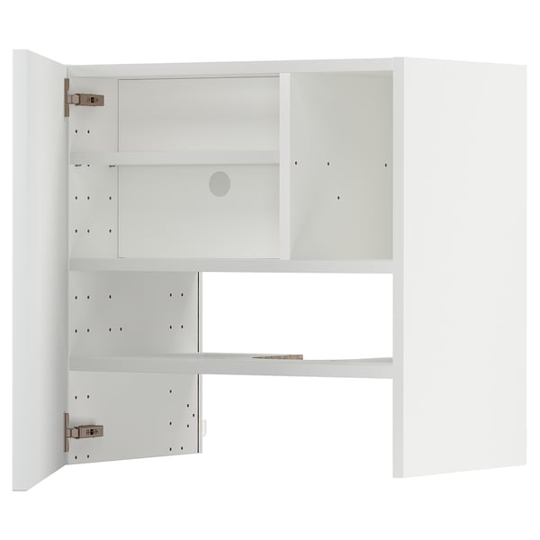 Offener weißer Schrank mit mehreren Regalen; Modernes, minimalistisches Design.