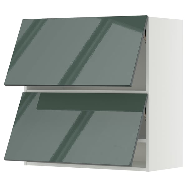 Moderne Küchenzeilen, graugrün, hochglänzend, Wandmontage, quadratische Form.