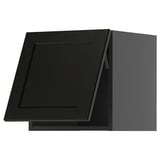 Schwarzer Küchenschrank, modern und eckig, aus Holz, mit schlanken Linien und traditionellem Charakter.