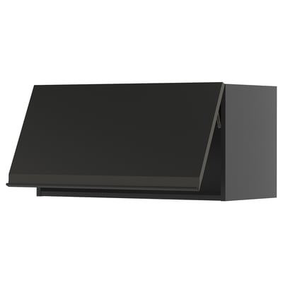 Schwarzer moderner Küchenschrank mit schlankem, grifflosem Design.