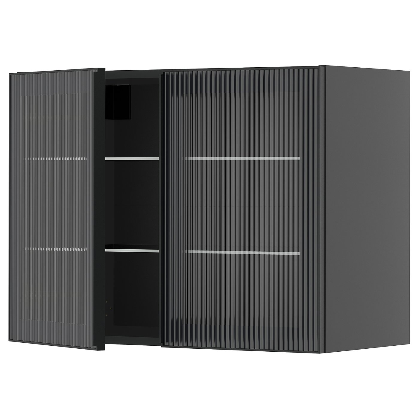 IKEA METOD Wandschrank mit Böden/2 Glastüren schwarzgrau/Hejsta anthrazitfarbenes geriffeltes Glas 80x60 cm