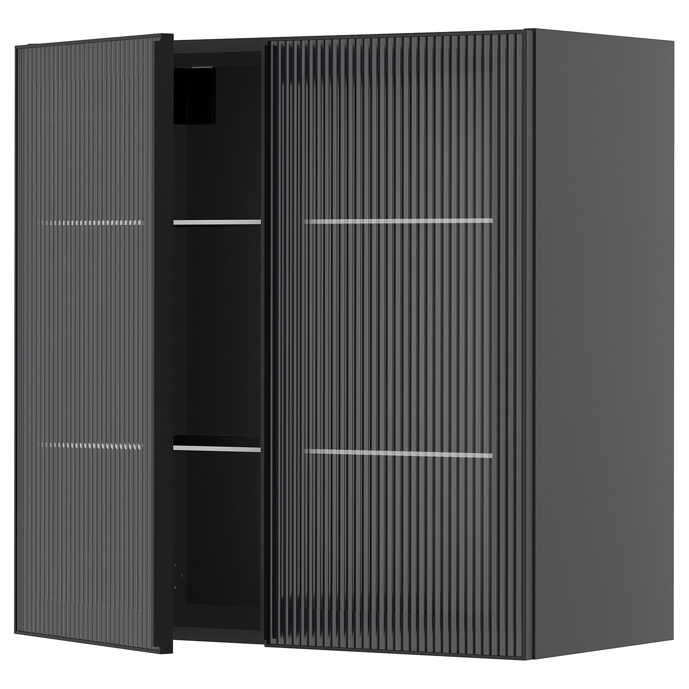 IKEA METOD Wandschrank mit Böden/2 Glastüren schwarzgrau/Hejsta anthrazitfarbenes geriffeltes Glas 80x80 cm