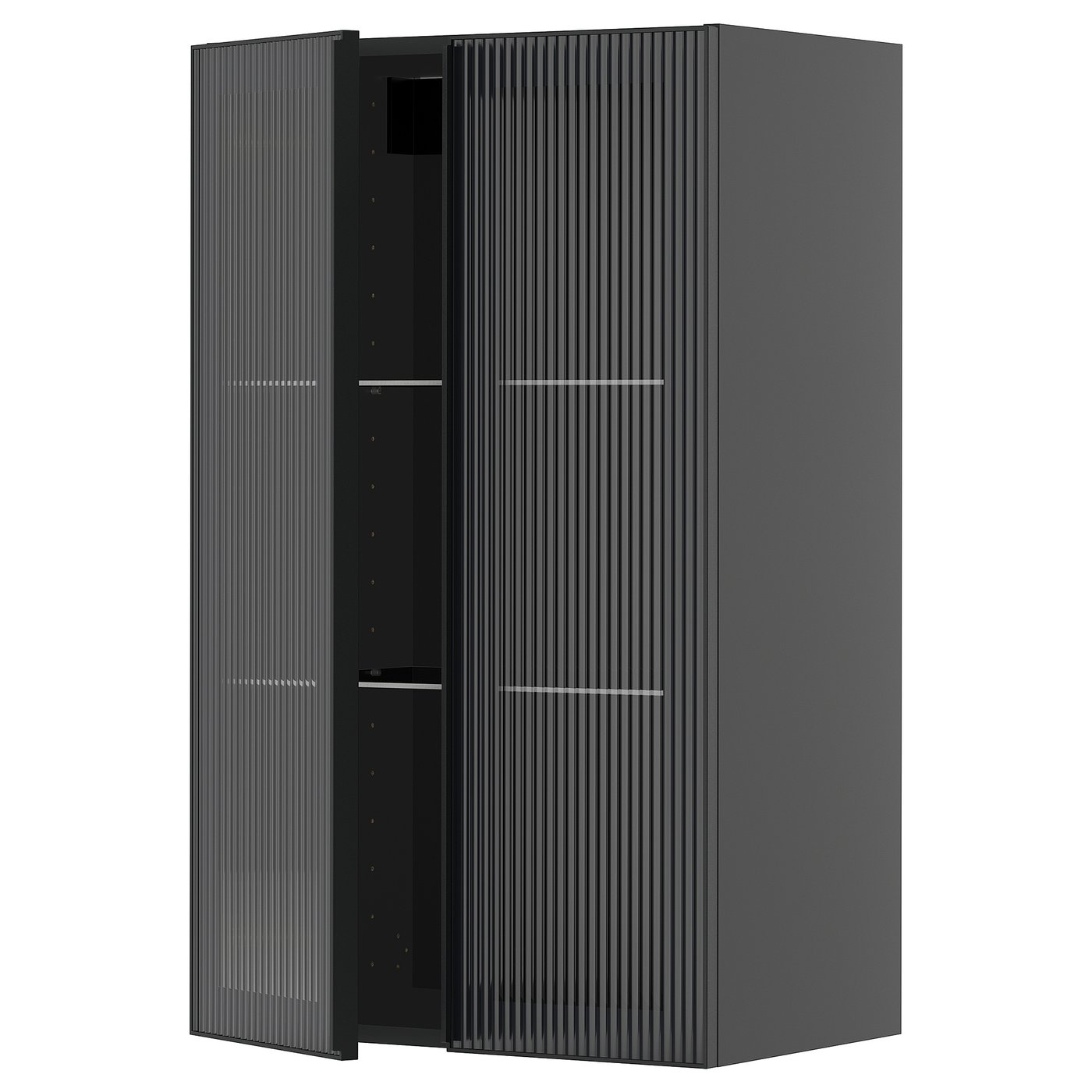 IKEA METOD Wandschrank mit Böden/2 Glastüren schwarzgrau/Hejsta anthrazitfarbenes geriffeltes Glas 60x100 cm