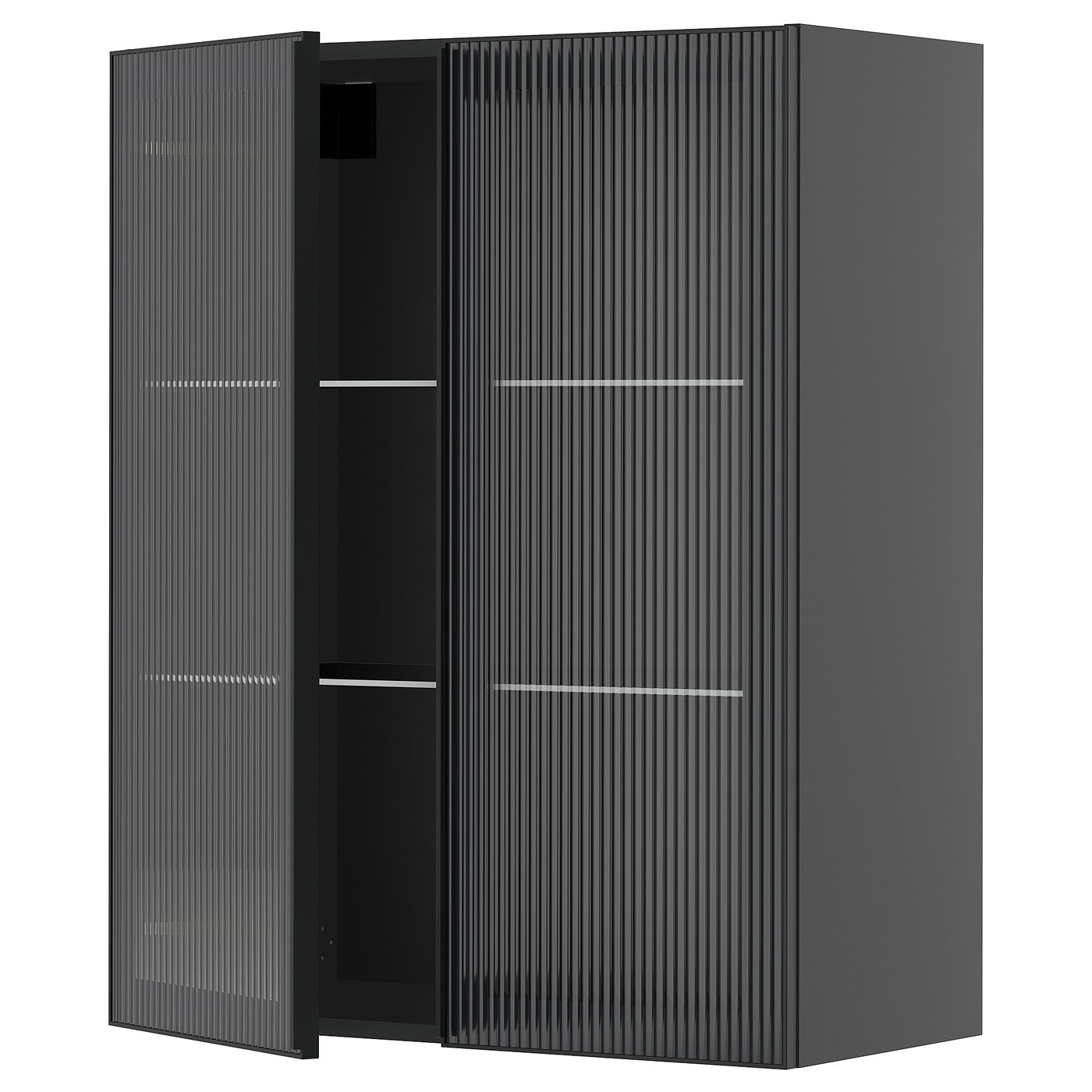 IKEA METOD Wandschrank mit Böden/2 Glastüren schwarzgrau/Hejsta anthrazitfarbenes geriffeltes Glas 80x100 cm